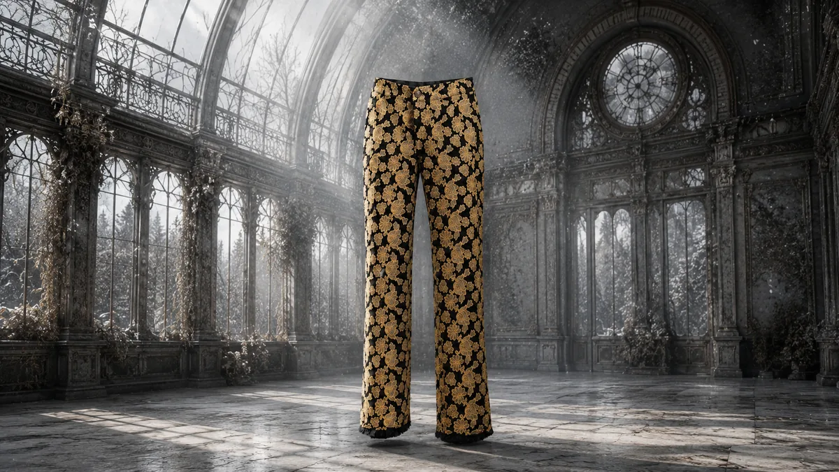 Black CHANEL-inspired trousers with gold paisley brocade pattern in a vast cinematic gothic glass hall