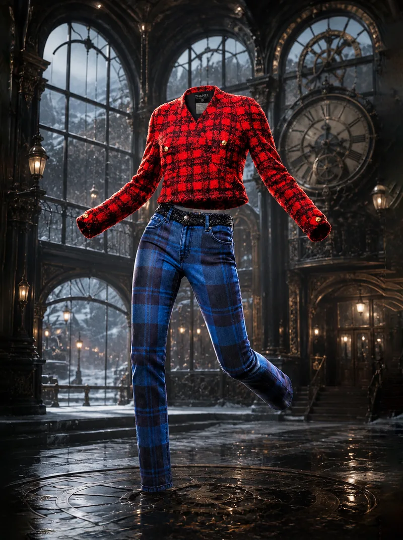 A red tweed CHANEL-inspired cropped jacket paired with blue tartan jeans floating in a cinematic gothic hall