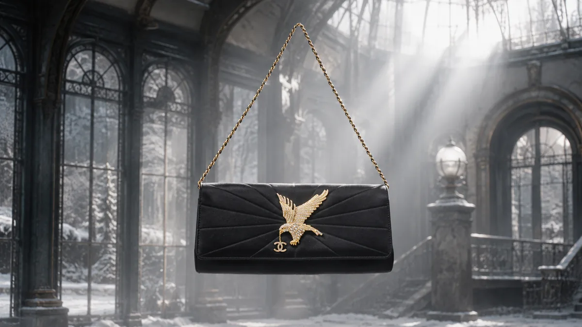 A black satin CHANEL-inspired clutch with a gold crystal eagle brooch and CC charm, hanging by a gold chain in a vast cinematic snowy glass hall
