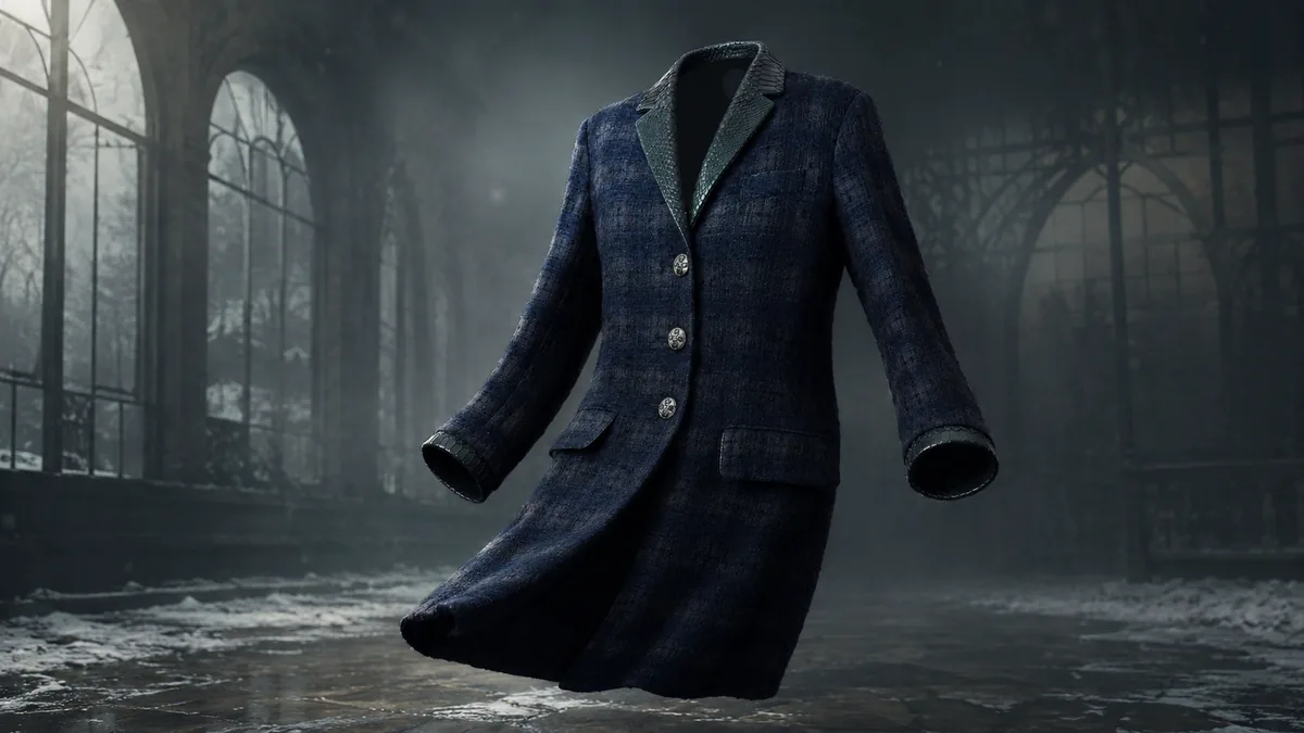 A navy tweed CHANEL-inspired coat with python trim in a vast cinematic glass hall