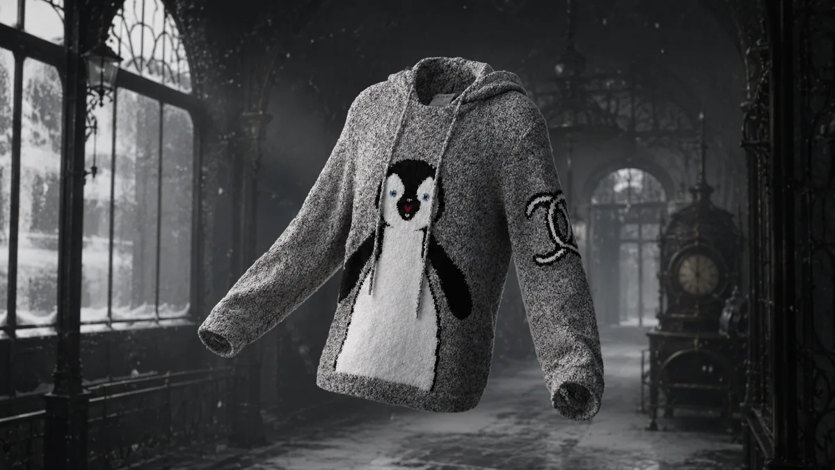 A grey CHANEL-inspired penguin intarsia hoodie in a vast cinematic snowy glass hall