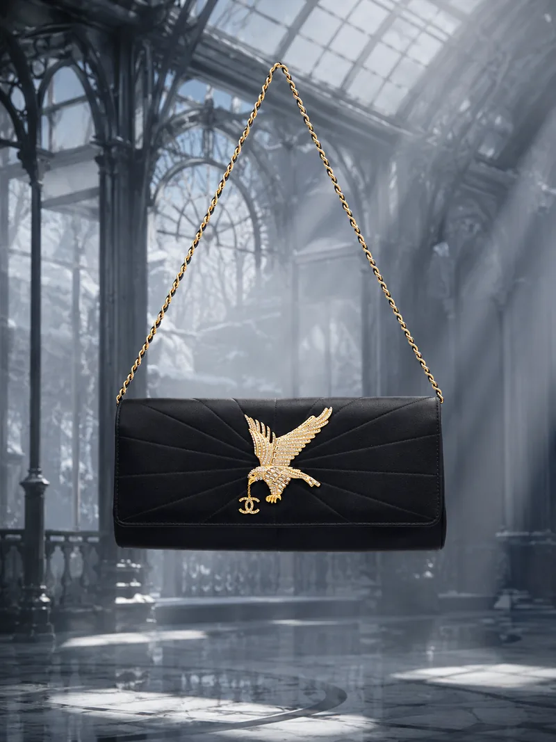 A black satin CHANEL-inspired clutch with a gold crystal eagle brooch and CC charm, suspended by a gold chain in a cinematic snowy glass hall