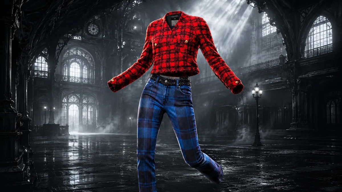 A red tweed CHANEL-inspired cropped jacket paired with blue tartan jeans in a vast cinematic gothic hall